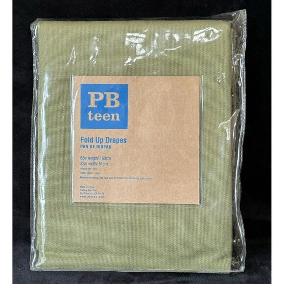 Pair of New PB Teen Fold Up Drapes Olive Green Beige 32x63 each Pottery Barn - Picture 2 of 8
